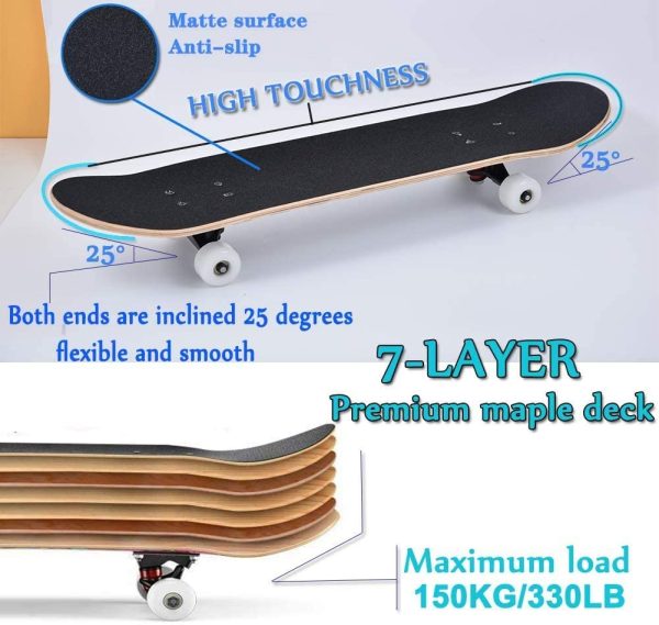 YUDOXN Completo Skateboard per Principianti, Bambini, Giovani e Adulti. skateboard adulto. 31 "x 8" skateboard 7 Strati di Acero Double Kick Deck Concavo Skate Board con Cuscinetti a Sfera ABEC-7 - immagine 2