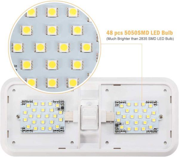 2PCS Lampade LED 12V RV 600 LM Lampada da Soffitto con Interruttore Plafoniere Tettuccio Illuminazione interna per auto/Rimorchio/camper/barca Luce Bianco naturale 4000-4500K 48 x 5050 SMD - immagine 2