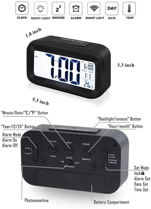 Sveglia Digitale,  Sveglia da Comodino Elettronica con Luce Notturna, Display a LCD da 5,3 Pollici con Funzione Ora Data Temperatura, Funzione Snooze, Senza Ticchettare