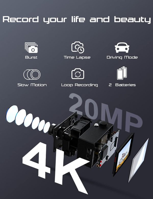 4K WiFi 20MP Action Cam Ultra HD Sports Cam Impermeabile Sott??acqua 40M 2'' Action Camera 2.4G Telecomando 170?? Grandangolare con 2x1050mAh Batterie e Kits di Accessori - immagine 6