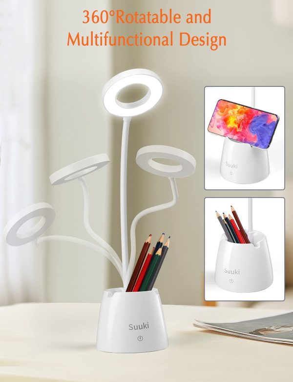 Lampada da Scrivania Led, Lampada Scrivania con 3 Modalità di Illuminazione, Luce da Scrivania Dimmerabile con Occhi-Cura, Bianca Lampada da Tavolo Ricaricabile Girevole con Portapenne e Portatelefono