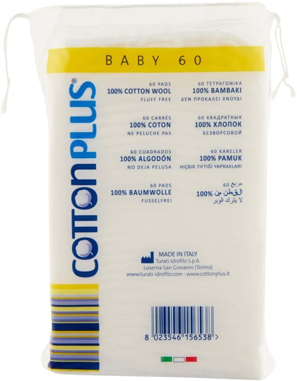 Cotton Plus BABY 60 pz. - LINEA BABY | DISCHETTI PRETAGLIATI 100% PURO COTONE | Per la pulizia dei pi?? piccoli, in morbido cotone ipoallergenico, assorbenti e resistenti.