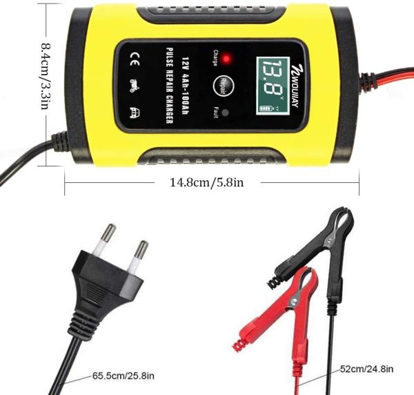 Caricabatteria Auto di Carica 6A/12V Multi Protezioni di Carica Automatico Caricatore Intelligente Caricabatteria da Auto con Schermo LCD per Auto Moto - immagine 5