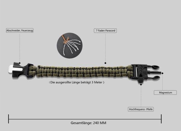 Paracord braccialetto kit, Bliqniq 25pcs parachute corde Survival Kit Starter di fuoco Whistle 10 nodi per Paracord/ 2 aghi da produzione per Paracord in Acciaio INOX per camminare campeggio emergenza - immagine 2