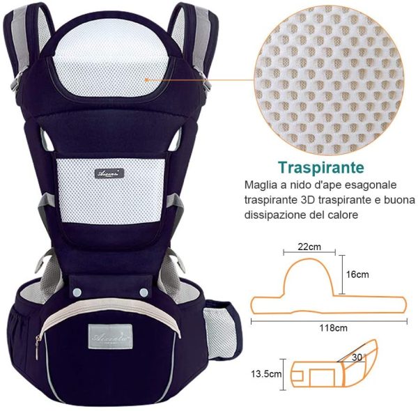 Marsupio Neonati Ergonomico, Porta Bambino con Sedile Multiposizione, con PoggiaTesta e Cappuccio, Puro Cotone Traspirante Leggero, Ideale Neonati e Bambini da 0-36 Mesi(Inferiore a 25kg) Blu Scuro - immagine 2