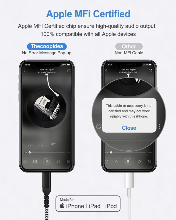 Cavo AUX per auto per iPhone [certificato MFi] Cavo audio Aux intrecciato da Lightning a 3,5 mm Premium compatibile con iPhone 12/11/7/7P/8/8P/X/XS/XR Utilizzato per autoradio, altoparlanti,cuffie??1M?? - immagine 6