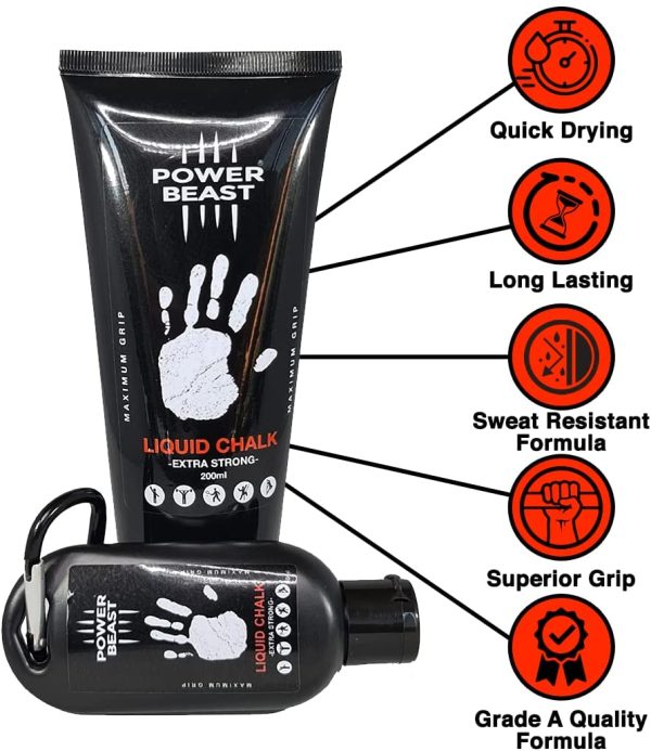 Power Beast Pack Magnesite Liquido 200Ml+50Ml+60Gr, Magnesite Esfera Riutilizzabile, Liquid Chalk, Gesso Liquido, Sollevamento Pesi, Arrampicata, PoleDance, Cross Training. - immagine 7