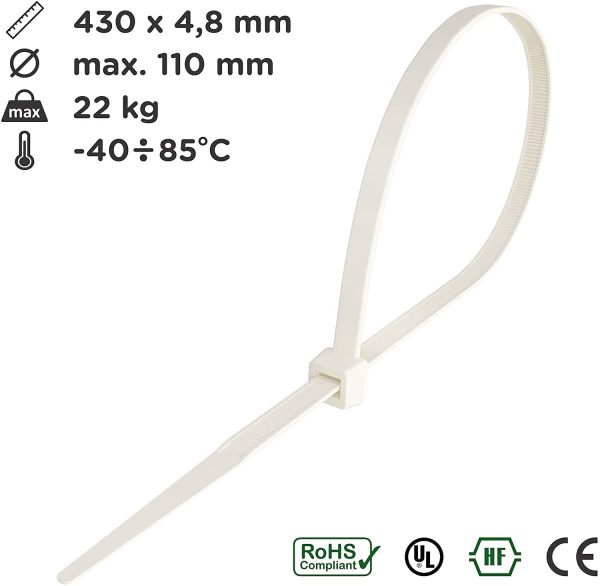 intervisio Fascette Plastica per Cablaggio Lunghe 430mm x 4,8 mm, Fermacavo Grandi Elettricista 430 mm Nylon Cavi Stringicavo, Bianco, 100 Pezzi - immagine 7