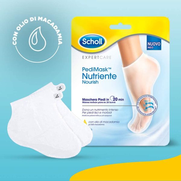 Scholl Pedimask Maschera Piedi Nutriente con Olio di Macadamia, 0% Profumi e Coloranti, 4 Paia di Calzini Idratanti, Tempo di azione: 20 minuti - immagine 3