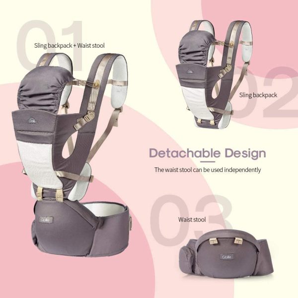 GBlife Marsupio Neonati Ergonomico con Sedile Puro Cotone Leggero e Traspirante 3D Mesh Poliestere 4 Modi Multiposizione Porta Beb?? fit Neonato Bambino da 0-36 Mesi 3.5-20kg (Grigio) - immagine 3