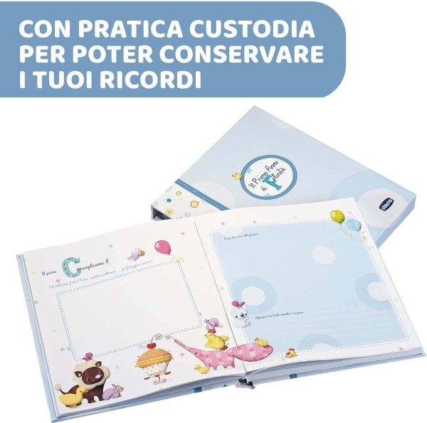 Chicco Album dei Ricordi Azzurro, Libro Nascita per Neonati e Bambini, Diario con Spazi per Note e Fotografie, con Adesivi e Metro Muro per Seguire la Crescita del Bambino - Regalo Neonato 0+ Mesi - immagine 5