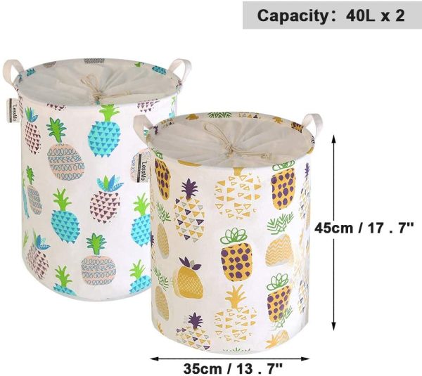 2PCS 17.7" con Coulisse Portabiancheria Bagagli Sorter, Pieghevole Pop-Up Lavanderia Cesti, Impermeabile Rotonda Cotone Lino (Ananas Addensato 17.7" / Medio) - immagine 6