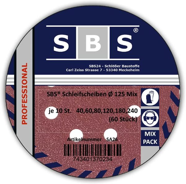 SBS - 60 dischi abrasivi a 8 fori, per levigatrice eccentrica, diametro: 125 mm, grana: 10 dischi da 40, 10 dischi da 60, 10 dischi da 80, 10 dischi da 120, 10 dischi da 180, 10 dischi da 140 - immagine 5