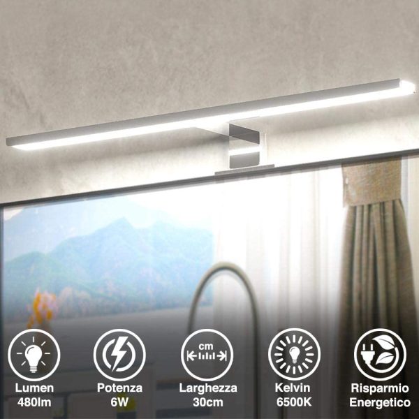 Bakaji Lampada da Specchio Bagno Applique Parete Muro Lunghezza 30cm Luce LED 6W 480lm Risparmio Energetico Bianco Freddo 6500K Design Moderno in Alluminio Cromato 3 Tipi di Installazione (30 cm) - immagine 4