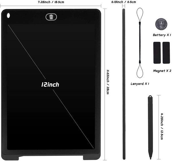 Tavoletta Grafica LCD Scrittura Colorato 12 Pollice, Elettronica Lavagna Cancellabile da Disegno con Penna, Portatile Lavagnetta per Bambini Digitale Ewriter con Pulsante Elimina, Nero - immagine 2