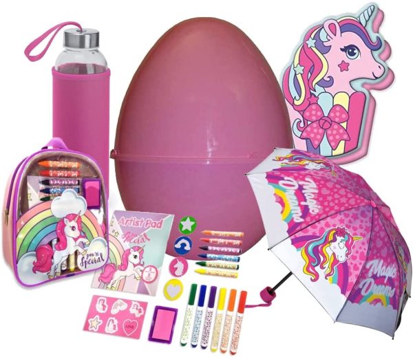 Uovo di Pasqua Sorpresa Gigante per Bambino Unicorno h. 40cm Diametro Set Scuola con Zaino Scuola pastelli matite timbri + Ombrello + Borraccia + Cuscino pasqualone Rosa Unicorn Cupcake - immagine 4