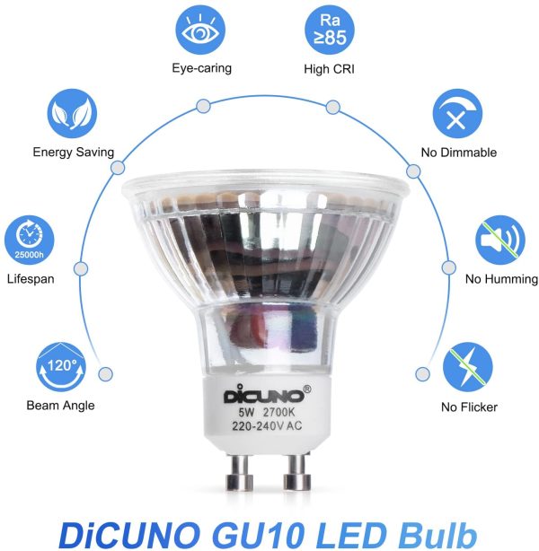 Lampadina LED GU10, 5W, 450LM, Bianco caldo 2700K, Equivalente alogeno 50W, Lampadina LED per faretti GU10, Non dimmerabile, 220-240V, Fasci larghi 120 ??, 6 Pezzi - immagine 2