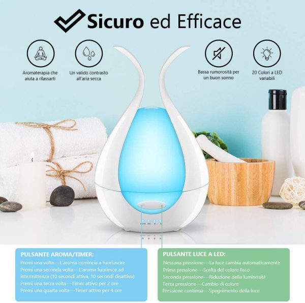 Diffusore di Oli Essenziali, Diffusore di Aromi Ultrasuoni, Umidificatore 200ml, Luce Notturna, Purificatore d'Aria - 14 Colori a LED, Modalit?? sonno e Timer - immagine 2