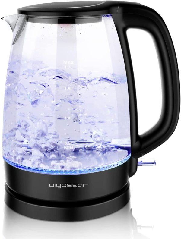 Adam - Bollitore Acqua Elettrico in Vetro Borosilicato con LED, 1,7 litri, 2200W, Spegnimento Automatico, Filtro Anticalcare, Base di rotazione a 360° in Acciaio Inox, Teiera Senza BPA Nero - immagine 8