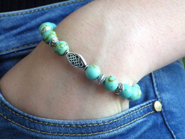 Bracciale etnico Zen da donna con perline turchesi blu e perle tibetane - immagine 8