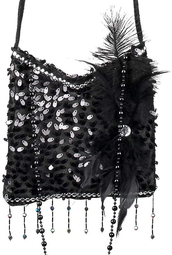 Boland 36000 - Borsa Flapper, nero, 19 x 19 cm, paillettes, perline, decorazione con piume, glitter, Charleston, anni 20, carnevale, festa in maschera, costume, teatro