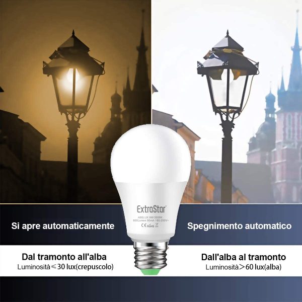 Lampadina Con Sensore,  E27 Lampadine LED con Sensore Crepuscolare da Esterno, Auto On/Off, 9W Bianca Calda 3000K per Veranda Giardino Porta d'ingresso Corridoio 2 Pezzis