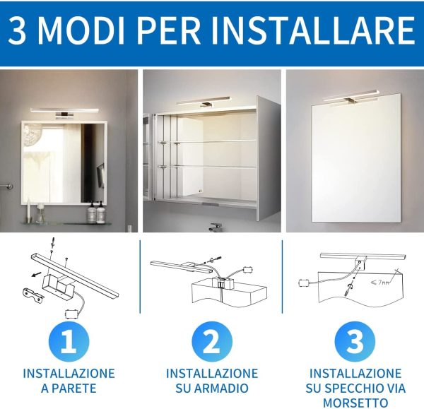 Luce LED da Specchio per il Bagno,Lunghezza 30cm,6W Equivalente a 37W,420LM,IP44 Impermeabile Resistente ad Acqua,Luce Bianca Naturale 4000K,Lampada LED Parete Lavabo,Pacco da un Pezzo - immagine 8