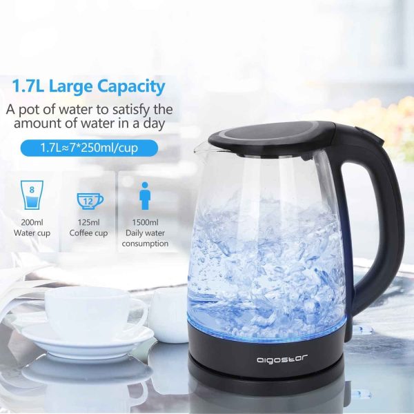 Adam - Bollitore Acqua Elettrico in Vetro Borosilicato con LED, 1,7 litri, 2200W, Spegnimento Automatico, Filtro Anticalcare, Base di rotazione a 360° in Acciaio Inox, Teiera Senza BPA Nero - immagine 5