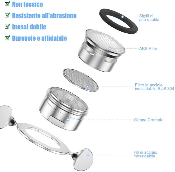 Rompigetto Rubinetto Aeratore 6pz, M24 Filtri Rubinetti Lavandino da Cucina e Bagno, Filtro Acqua Rubinetto in Acciaio Inox con Aereatori in ABS + 8 Guarnizioni e 1 Chiave Cromata, D'argento - immagine 3