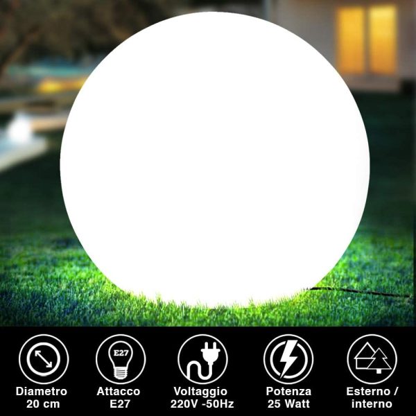 Bakaji Lampada Design Sfera da Giardino Diametro 20 cm Luce Illuminazione Esterno da Terra o Tavolo Attacco E27 Lampadina Max 25W Colore Bianco con Picchetti di Fissaggio al Terreno - immagine 5