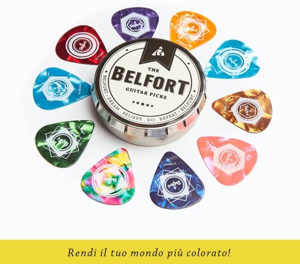 Belfort? 20 plettri per chitarra di alta qualit??, in elegante scatola regalo, in celluloide estremamente resistente, 4 spessori: da 0,46 a 1,20 mm, BONUS: un eBook gratuito