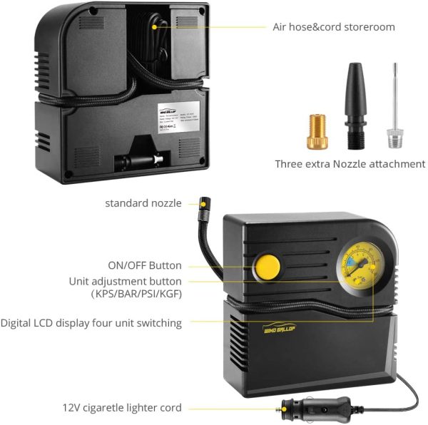 Mini Compressore Portatile per Auto Compressore 12V Professionale Gonfiatore Analogico per Pneumatici per Auto Pompa Aria Auto con Manometro per Pneumatici e Adattatori per Valvole (Giallo) - immagine 4