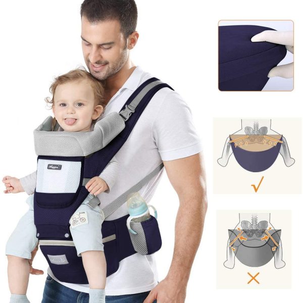 Marsupio Neonati Ergonomico, Porta Bambino con Sedile Multiposizione, con PoggiaTesta e Cappuccio, Puro Cotone Traspirante Leggero, Ideale Neonati e Bambini da 0-36 Mesi(Inferiore a 25kg) Blu Scuro - immagine 6