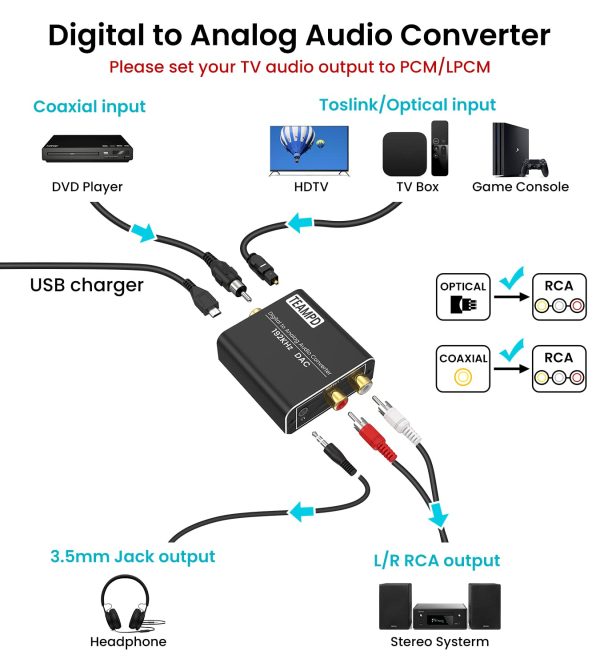 192Khz Convertitore Audio Digitale Analogico, TEAMPD Alluminio Adattatore Ottico RCA da Coassiale Toslink Segnali Audio Digitali SPDIF ad Analogico RCA L/R e Jack 3.5mm per PS3 PS4 HDTV Blu Ray DVD - immagine 5