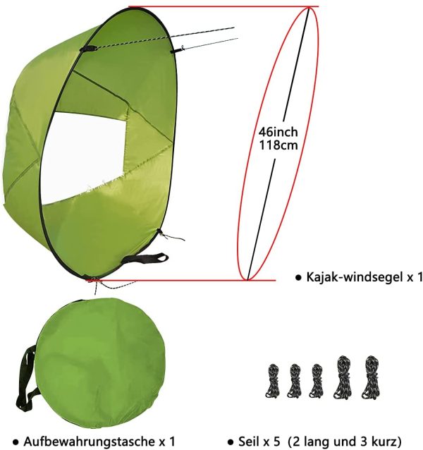 Vela a Vento Pieghevole per Kayak,118cm Taglia Larga Vela Pieghevole Kayak con PVC Finestra Trasparente,Canoa Vela Portatile??Verde?? - immagine 8