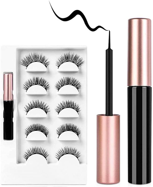 URAQT Ciglia Finte Magnetiche e Eyeliner Magnetico Kit, 5 Paia Ciglia Magnetiche Impermeabile Naturali, Set di Ciglia Finte Riutilizzabili di Effetto 3D - immagine 2