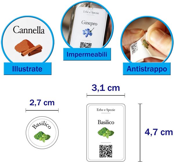 90 Etichette Adesive barattoli Erbe e Spezie in Italiano, con Illustrazioni, eleganti, in materiale Impermeabile, Lavabile, con QR Code per ricette e informazioni - immagine 6