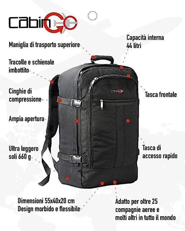 CABIN GO 5540 Zaino bagaglio a mano/cabina da viaggio leggero, Valigia Borsa da cabina 55x40x20 cm 44 litri. Approvato volo IATA/EasyJet/Ryanair - immagine 6