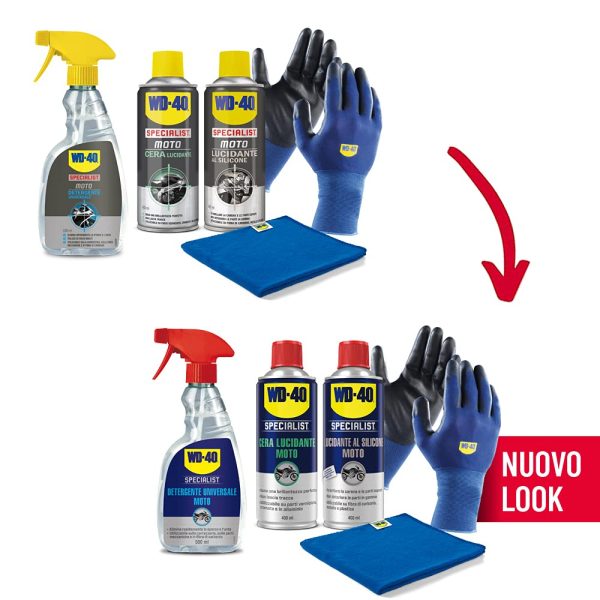 WD-40 Specialist Moto - Kit Pulizia Moto con 1 x Detergente 500 ml, 1 x Lucidante al Silicone 400 ml, 1 x Cera Lucidante 400 ml, 1 x Guanti di Precisione, 1 x Panno in Microfibra - immagine 2