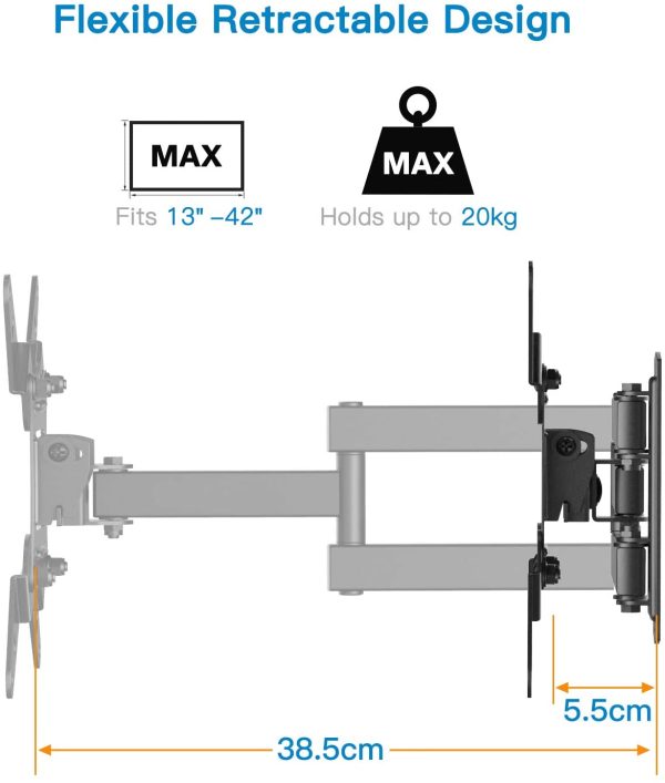 Supporto TV universale, Orientare, Inclinare, Ruotare ?C Adatto per TV LCD/LED a Schermo Piatto tra 13 e 42 pollici ?C Estendibile di 38.5cm ?C Sostiene fino a 20kg ?C Foratura VESA Massima 200X200mm - immagine 6