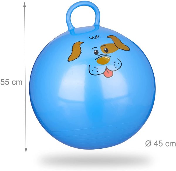 Relaxdays Palla per Saltare, con Maniglia, Adatta per Interno ed Esterno, con Disegni di Animali, Colore Blu, 45 x 45 x 55 cm, 10022554_45 - immagine 3
