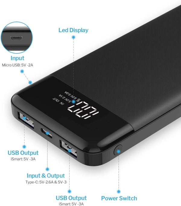 Powerbank 10400mAh, USB C Caricabatterie Portatile con LED Digitale Display Batteria Esterna Portatile con 2 ingressi e 3 uscite da 5V/3A per Huawei Xiaomi Smartphone.(Nero) - immagine 7