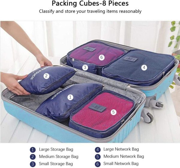 Vicloon Sistema di Cubo di Viaggio, Cubo Borse di stoccaggio, 8 pezzi Abbigliamento Intimo Abbigliamento Calzature Organizzatori Sacchi di Stoccaggio Set (blu scuro) - immagine 4