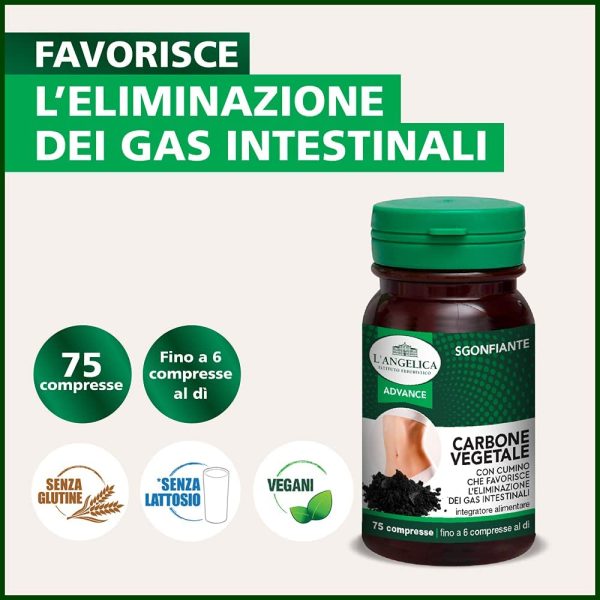 L'Angelica Integratore Alimentare Sgonfiante con Carbone Vegetale e Cumino, Combatte il Gonfiore Addominale e Favorisce la Digestione, senza Lattosio, 75 Compresse