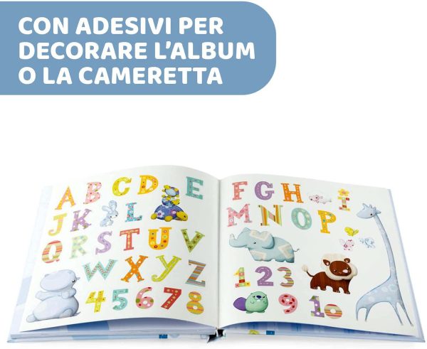 Chicco Album dei Ricordi Azzurro, Libro Nascita per Neonati e Bambini, Diario con Spazi per Note e Fotografie, con Adesivi e Metro Muro per Seguire la Crescita del Bambino - Regalo Neonato 0+ Mesi - immagine 6