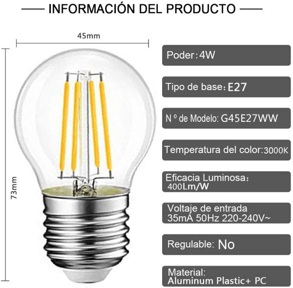 Filamento LED E27, 4W Equivalenti a 40W, 400Lm, 3000K Luce Calda,G45 Stile Vintage, Non Dimmerabile, Confezione da 10 Pezzi - immagine 7