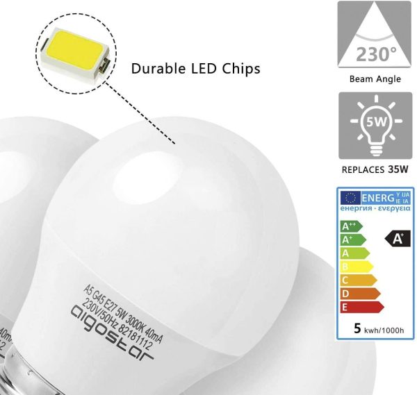 Lampadine LED E27 5W Luce Bianca Calda 3000K 400 Lumen, Mini Globo Lampadina Pacco da 10 [Classe di efficienza energetica A+] - immagine 2