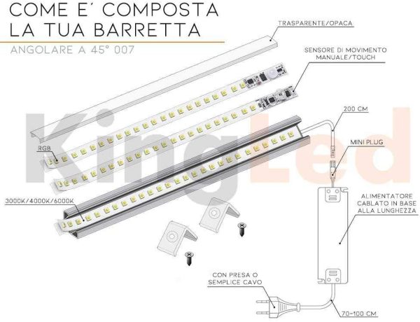 KingLed - Barretta a Led Angolare con Misura Personalizzabile da 30cm a 200cm (Coperchio Opaco, 30cm) - immagine 3