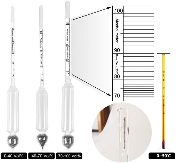 Tefeler Kit di 3 Idrometri per Alcol ?C Alcoolimetro per Misurazione Grado Alcolico 0-100% Comprensivo di Termometro ?C Per Grappa, Distillati,Whisky, Brandy, Wodka, Spirito - immagine 3