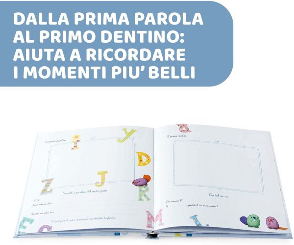 Chicco Album dei Ricordi Azzurro, Libro Nascita per Neonati e Bambini, Diario con Spazi per Note e Fotografie, con Adesivi e Metro Muro per Seguire la Crescita del Bambino - Regalo Neonato 0+ Mesi